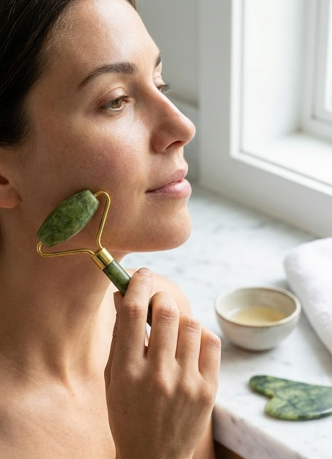 Natural Jade Facial Roller & Gua Sha Massage Tool Set